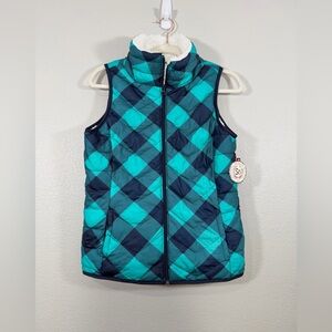 NWT SO Vest Sherpa Liner Puffer Zip Teal and Navy Checkered Collar Women Small
